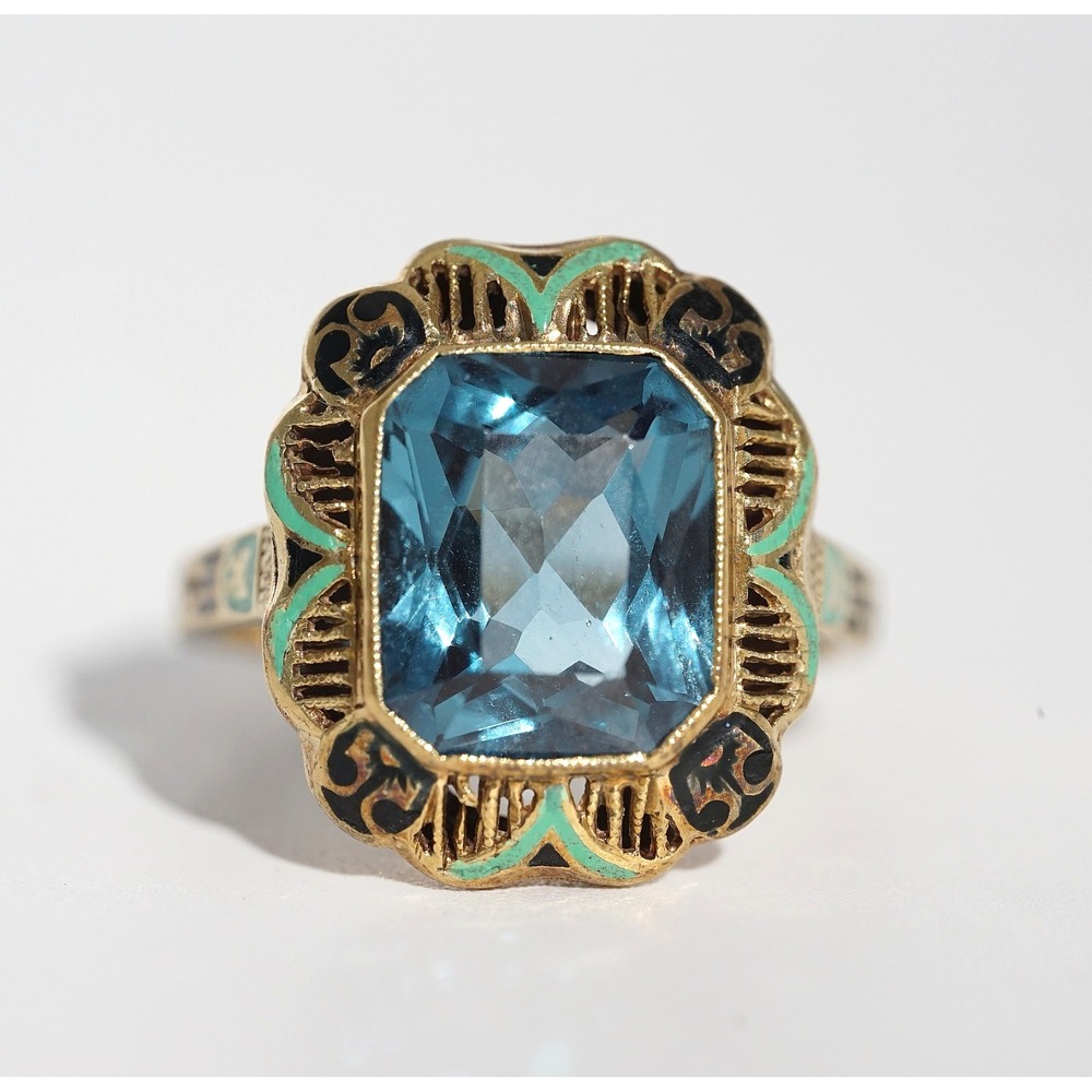 Antique Art Deco 14k Solid Yellow Gold Filigree Enamel Man Made Blue Spinel Ring